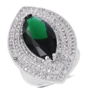 Simulated Emerald, White CZ Silvertone Ring